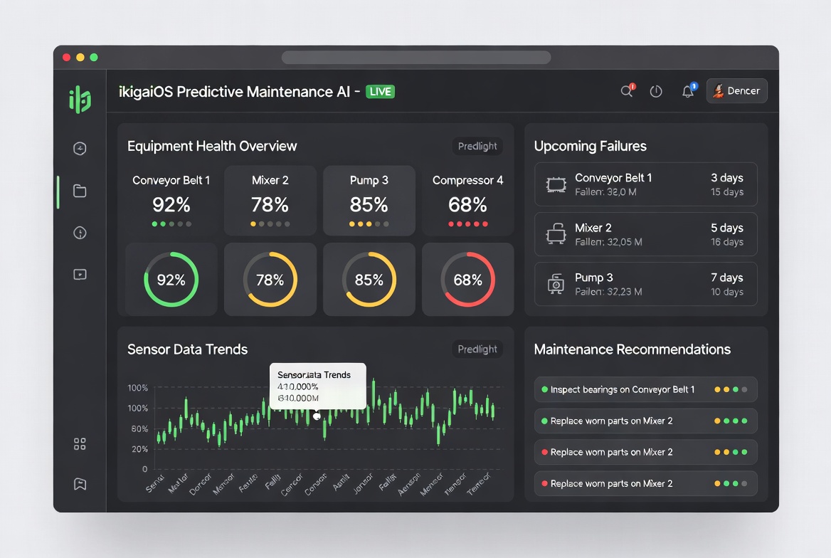 ikigaiOS Predictive Maintenance AI Dashboard — Equipment Health Overview, Sensor Data Trends, Upcoming Failures