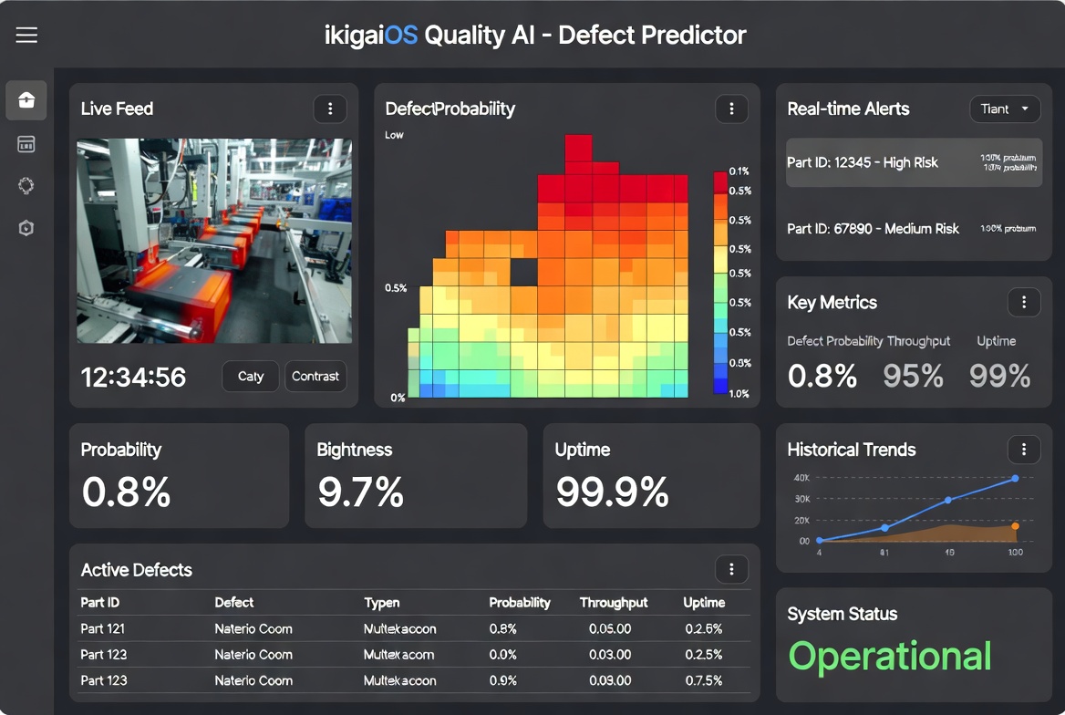ikigaiOS Quality AI Defect Predictor — Live Feed, Defect Probability Heatmap, Real-time Alerts