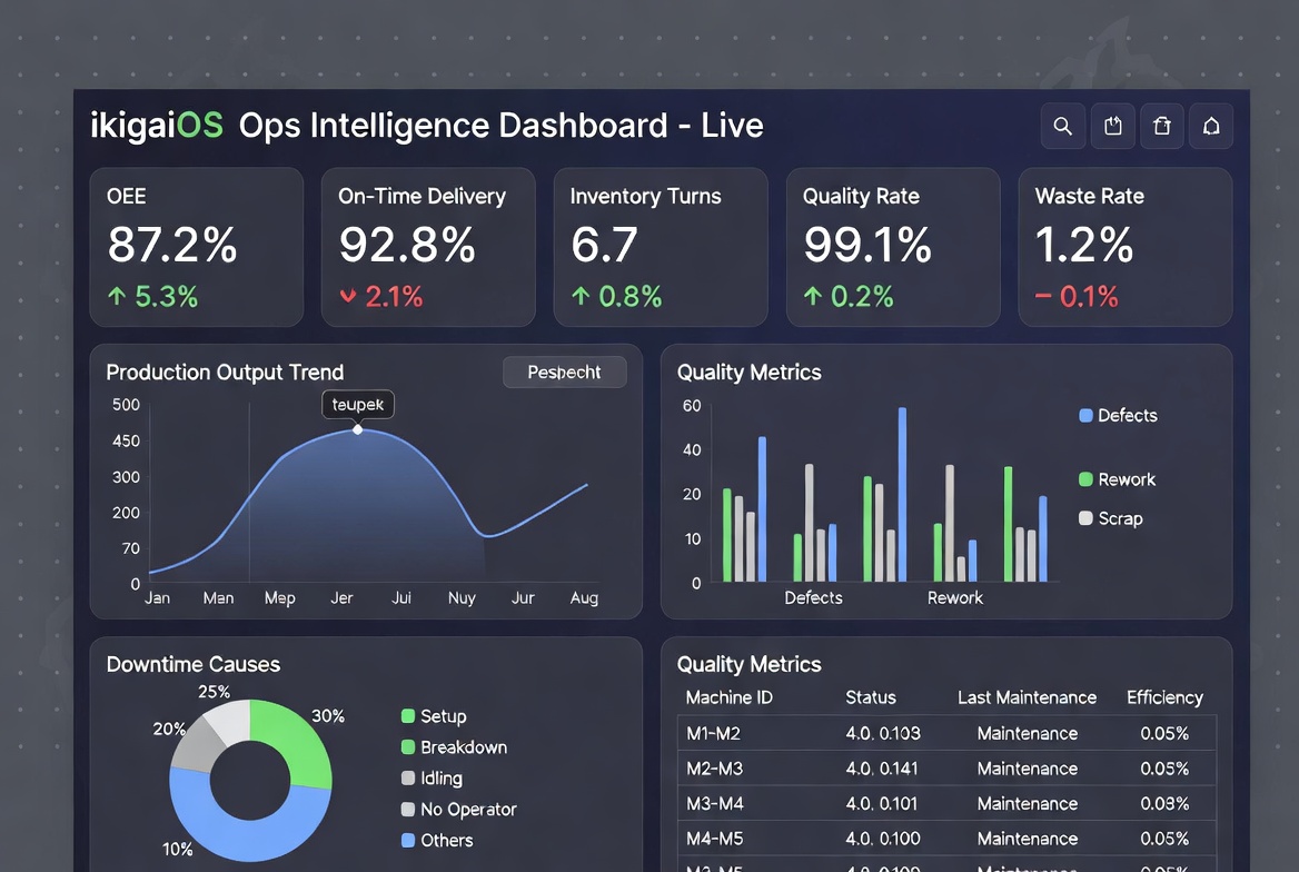 ikigaiOS Ops Intelligence Dashboard — Live OEE, On-Time Delivery, Production Output Trend, Quality Metrics